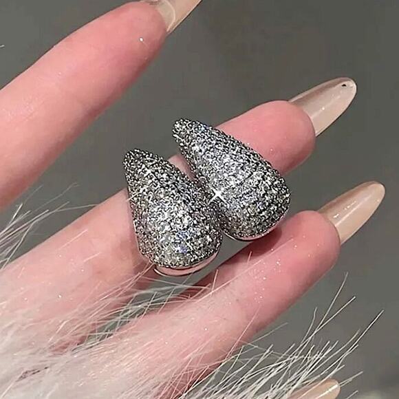 Silver Zircon Water Drop Earrings Luxury Exquisite Tear White Gold Plated G… - Picture 9 of 10